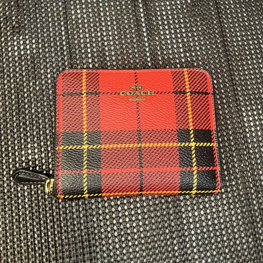 Authentic COACH Red Plaid Corn Purse Wrap Around Zipper 4.5”x3.5”